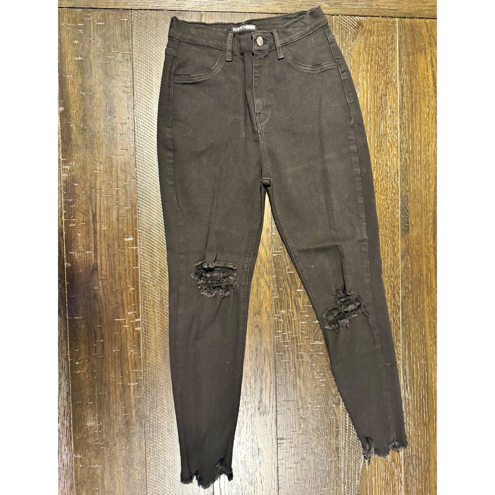 Fashion Nova Womens Black Distressed Stretch Skinny Jeans 5-Pocket Denim Size 11